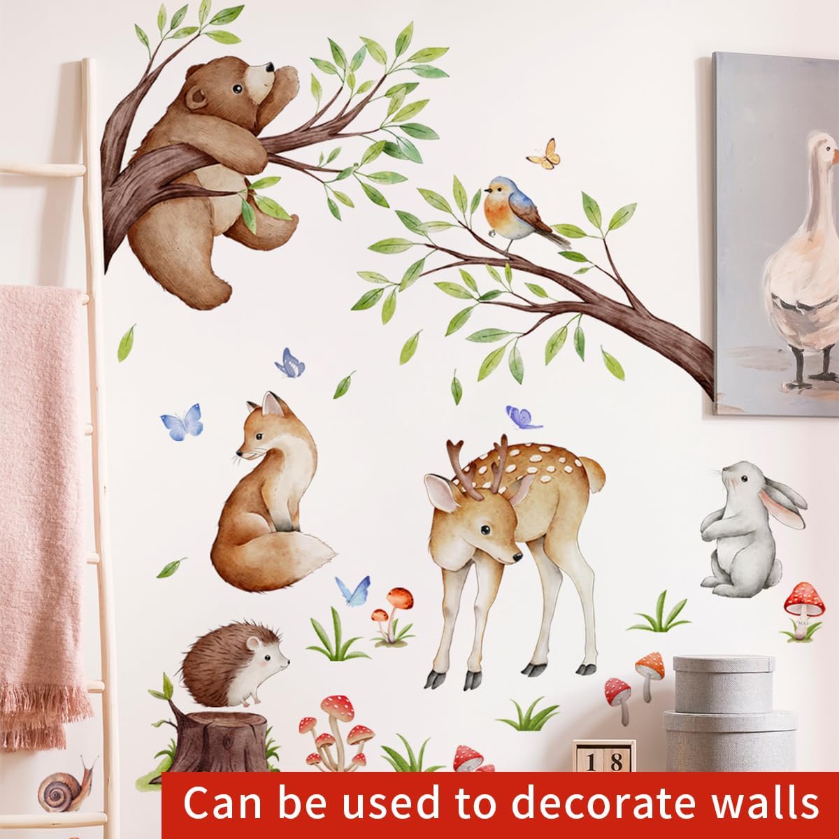 Calcomanías de pared extraíbles de animales de la selva 3D, ramas de árbol verde, ciervo, oso, conejo, calcomanías de pared, bricolaje, despegar y