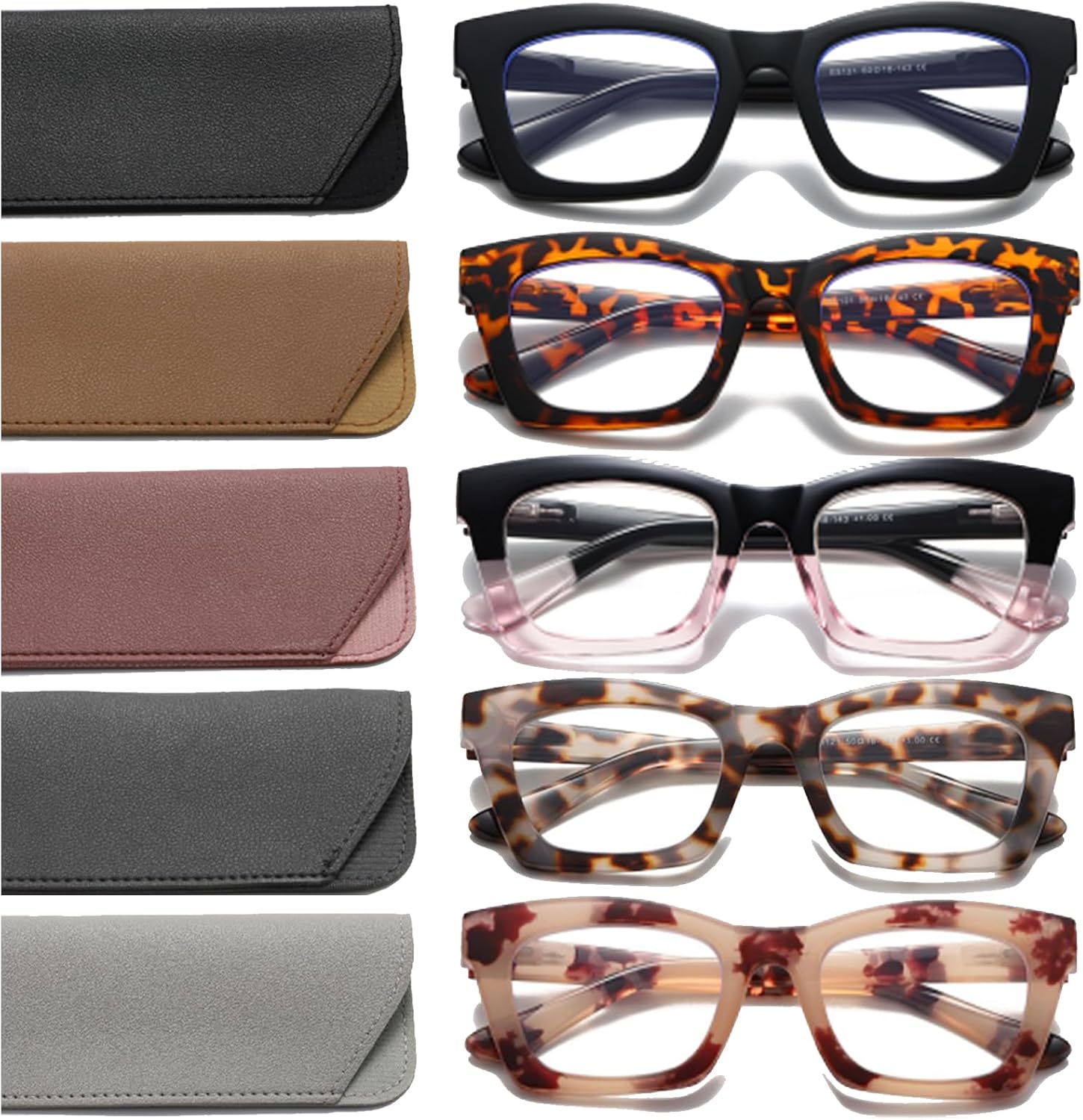 Hubeye 5 pares de anteojos de lectura cuadrados estilo Oprah para mujeres y hombres, bloqueo de luz azul, lectores de computadora con funda de cuero