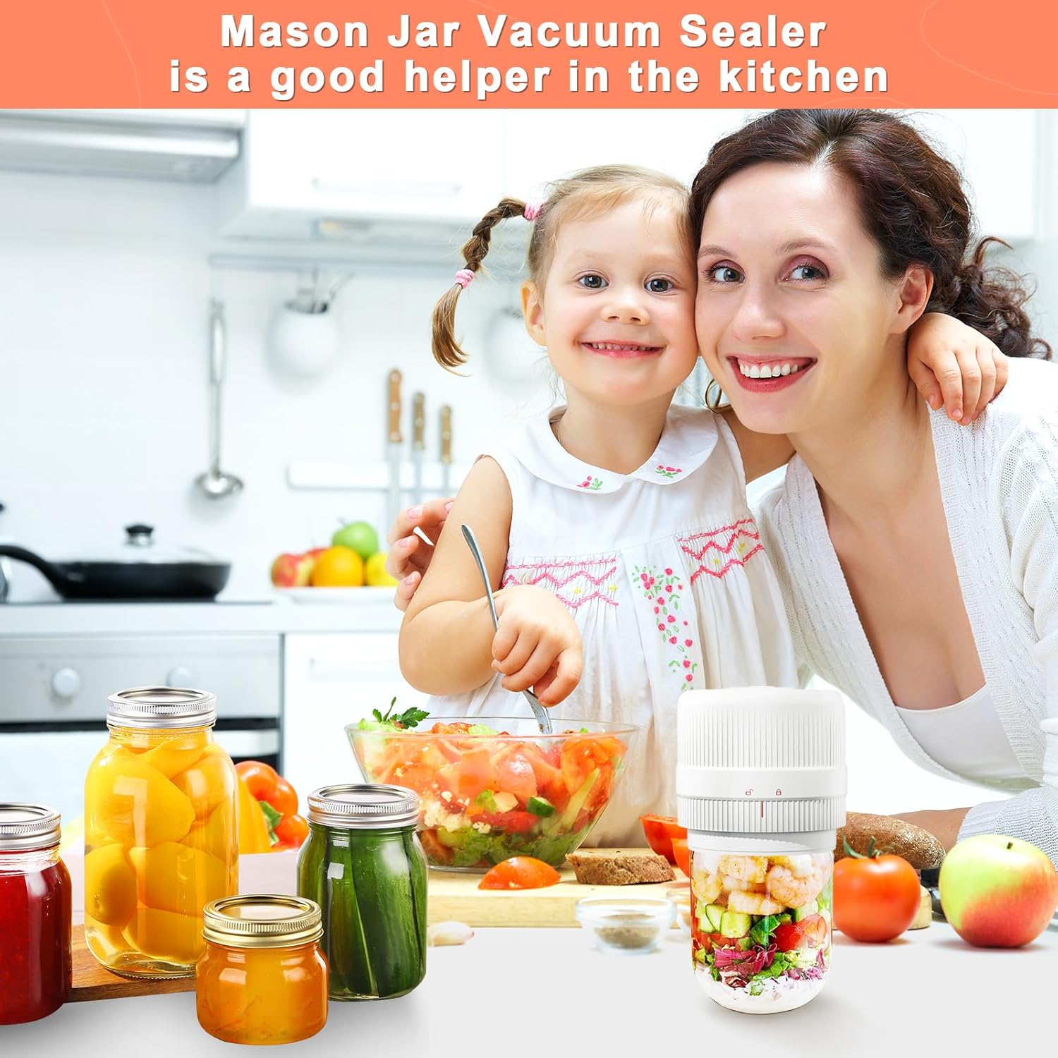 Sellador al vacío eléctrico de tarros Mason – Kit de sellado al vacío para almacenamiento de alimentos, compatible con tapas Mason de boca ancha y