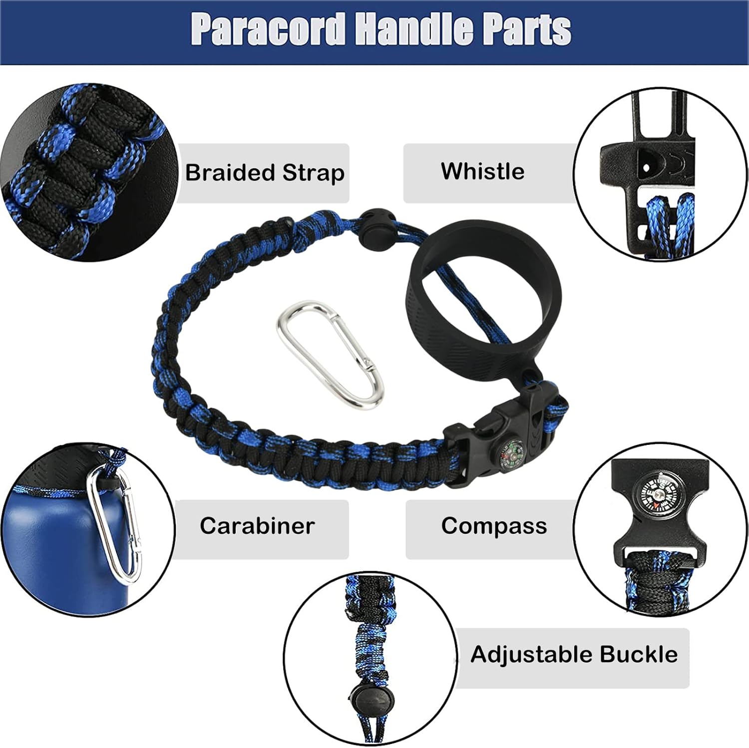 Mango Paracord para botellas de agua Hydro Flask 2.0 de boca ancha y estándar, soporte de correa con anillo de goma de seguridad y mosquetón, fácil