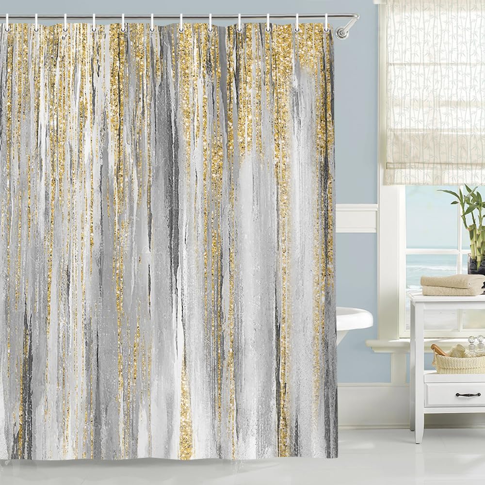 JAWO Cortina de ducha abstracta, juego de cortina de ducha moderna a rayas, 72 x 72 pulgadas con 12 ganchos para bañera, baño, tela de pintura