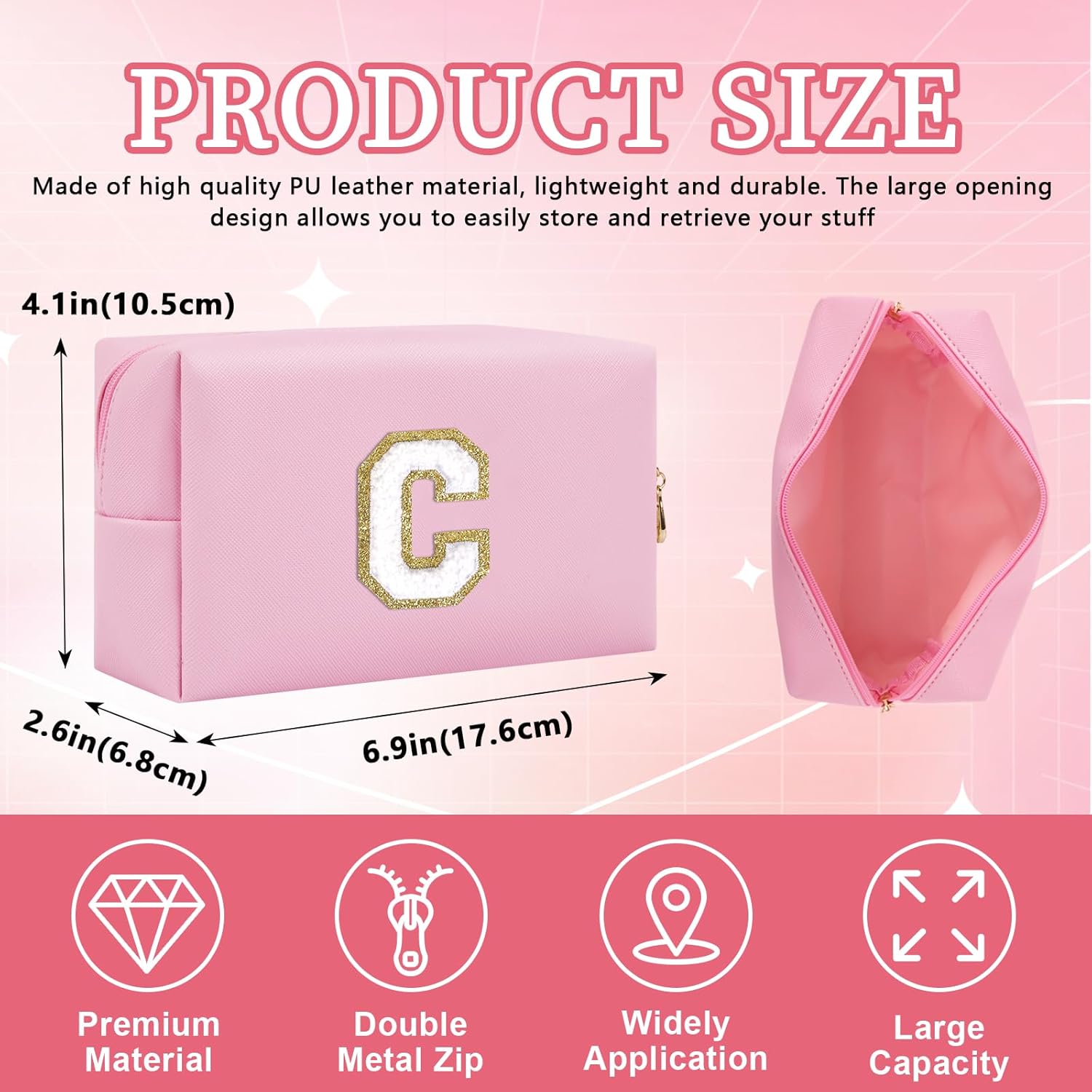 Bolsa de maquillaje personalizada con parche de letra inicial, bolsa de cosméticos con cremallera, RosaBlanco-Letra