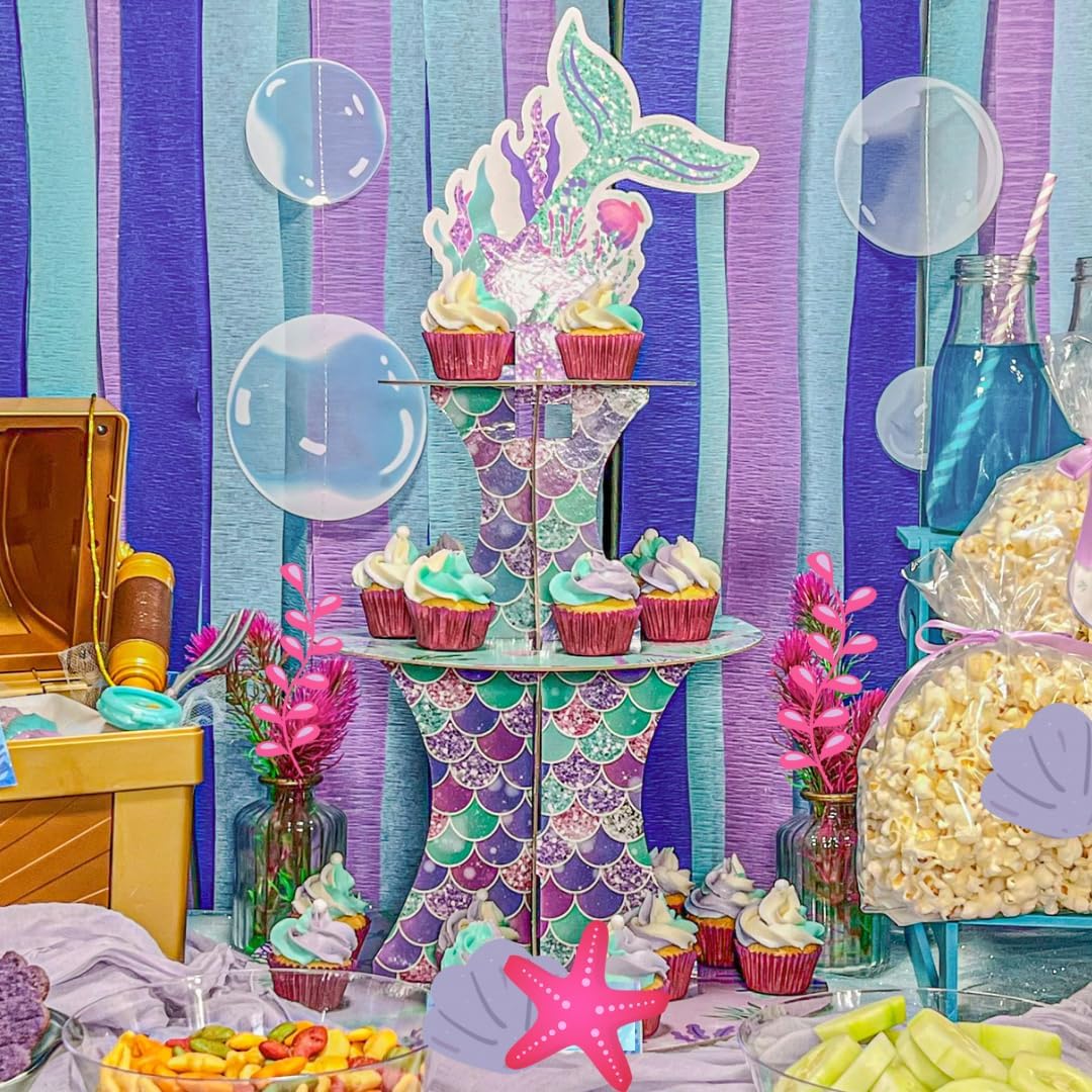 Soporte para tartas de sirena, soporte para cupcakes para cumpleaños de niños, soporte para cupcakes de sirena de 3 niveles, soporte para cupcakes