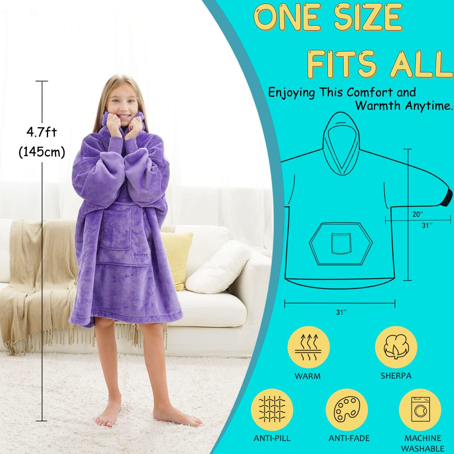 REDESS Sudadera con capucha, manta de sherpa de gran tamaño con mangas y bolsillo gigante, acogedora sudadera con capucha para adultos y niños