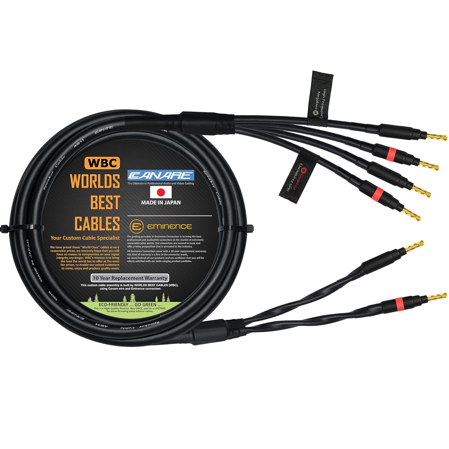 WORLDS BEST CABLES Canare 4S11 de 4 pies  Grado audiófilo  Cable de altavoz único HiFi Star-Quad Bi-Wire para canal central con conectores banana