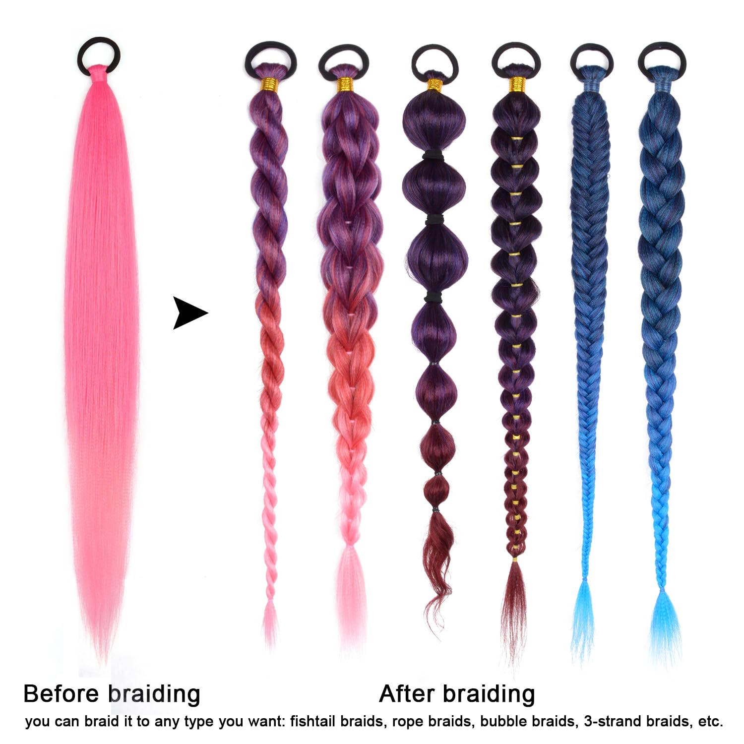 Paquete de 2 extensiones de cola de caballo trenzada con lazo elástico, recta y elegante peluca trenzada envolvente, color rosa degradado, 26