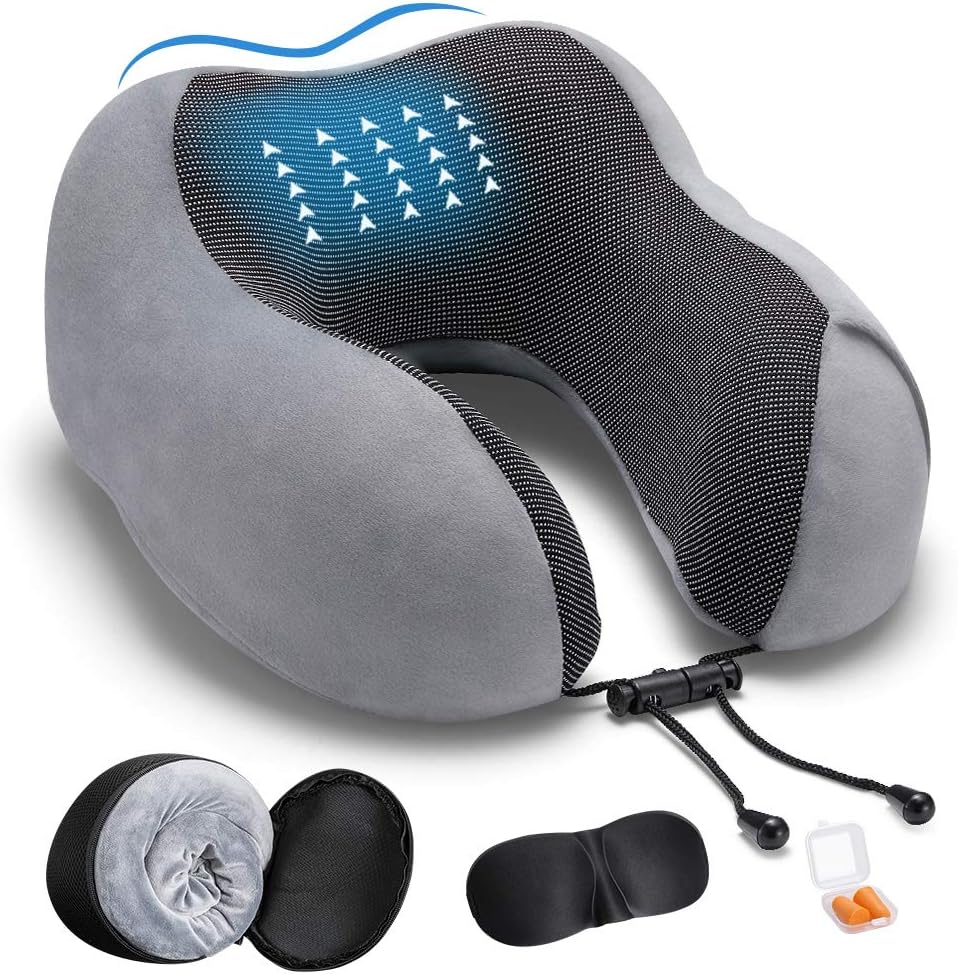 DYD Almohada de viaje de espuma viscoelástica para el cuello para avión, funda de terciopelo lavable, almohada ergonómica de apoyo para el cuello