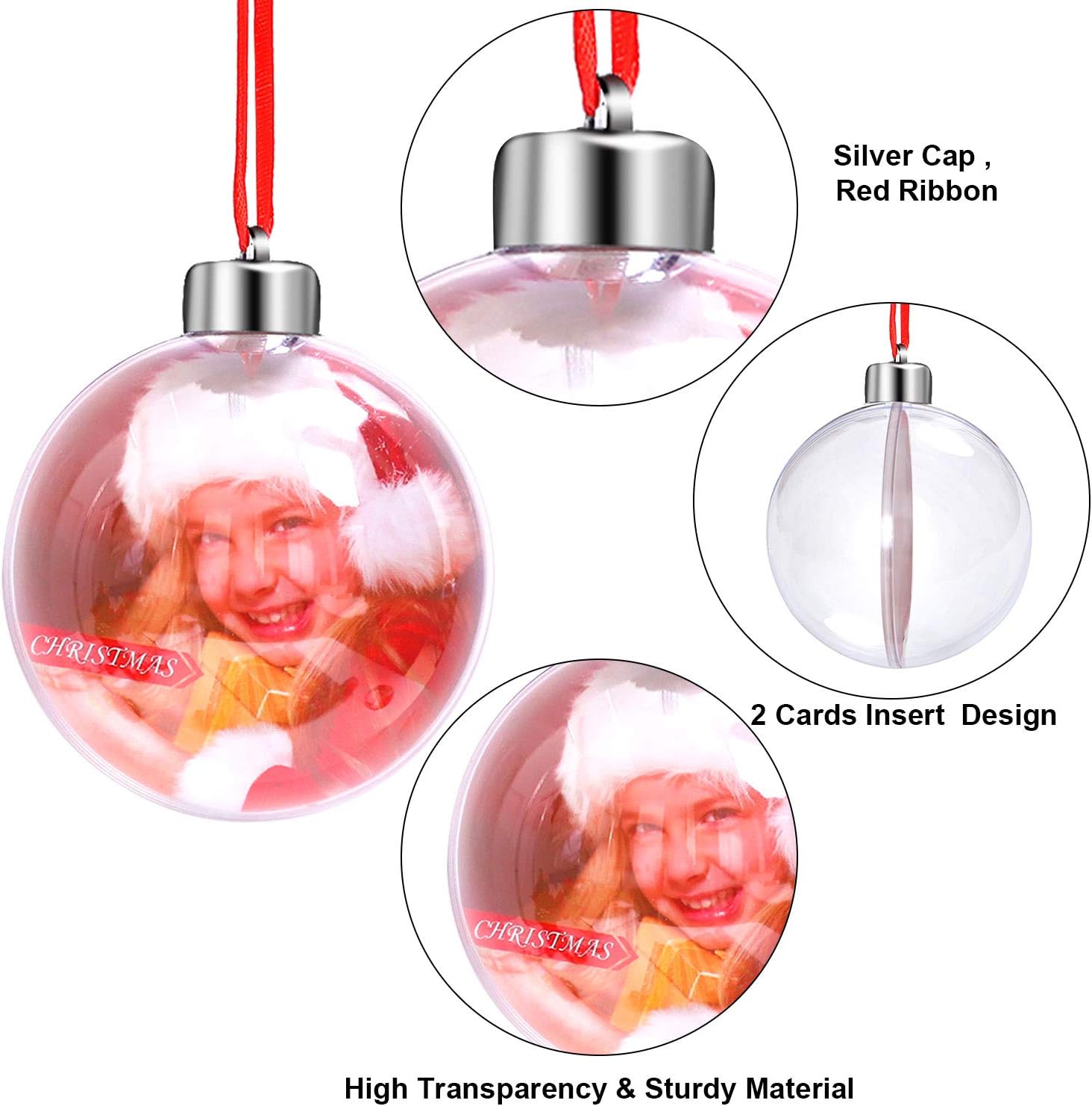 Aneco 10 adornos acrílicos transparentes para fotos, bola de Navidad de 3.150 in, adornos colgantes con tapa plateada y cordón rojo para exhibición