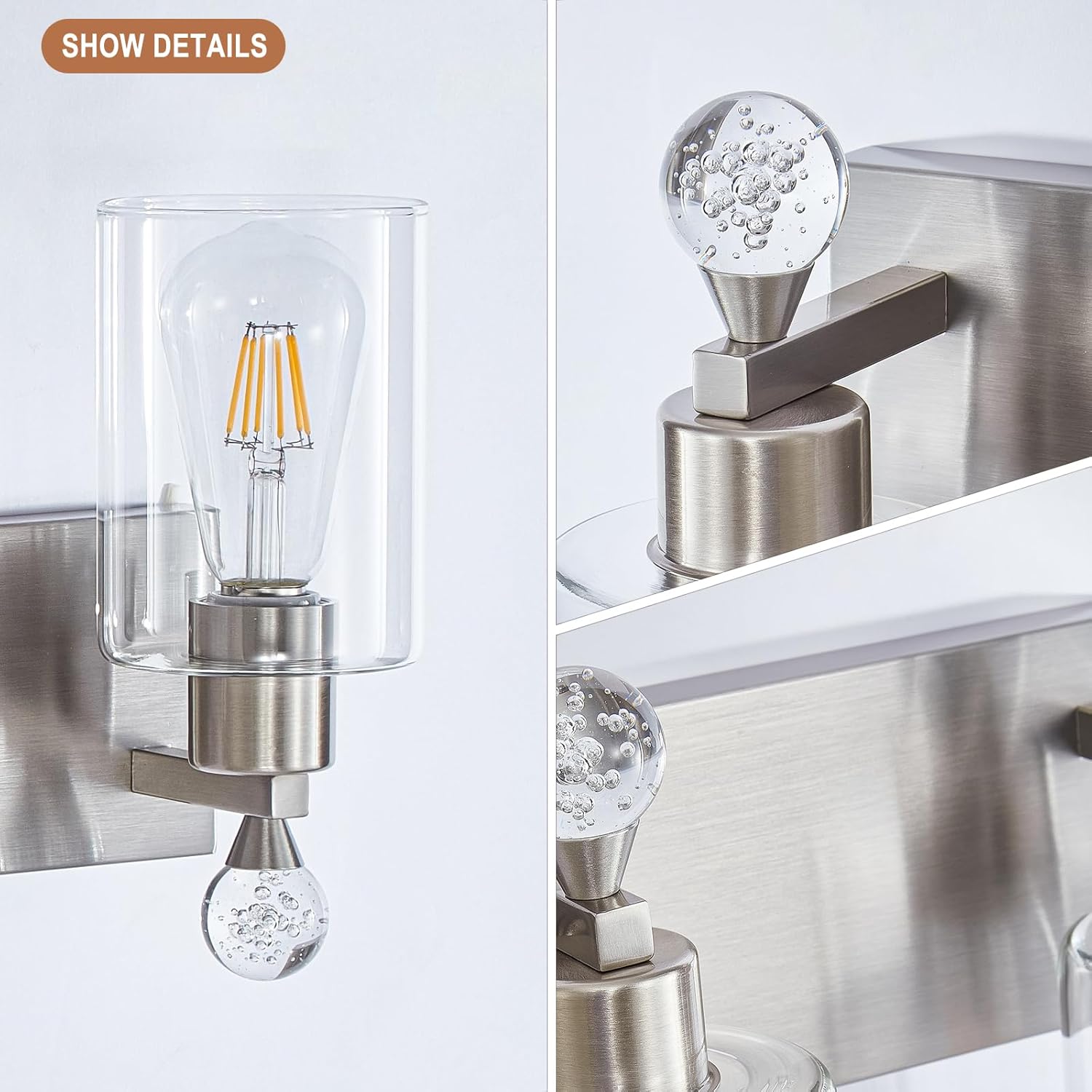 Lámparas de baño de 3 luces, lámpara de tocador de baño de níquel cepillado, accesorios de iluminación de tocador con pantalla de vidrio resistente,