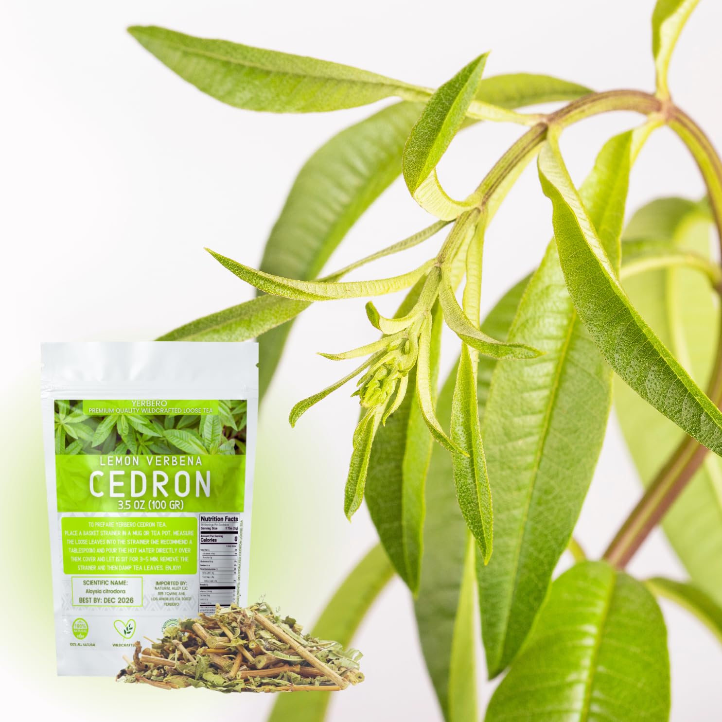 Yerbero – Té de cedro 3.5 oz (100 gr)  Aloysia citrodora  Té suelto de verbena de limón  Bolsa resellable de pie hecha a mano por Nature100% té