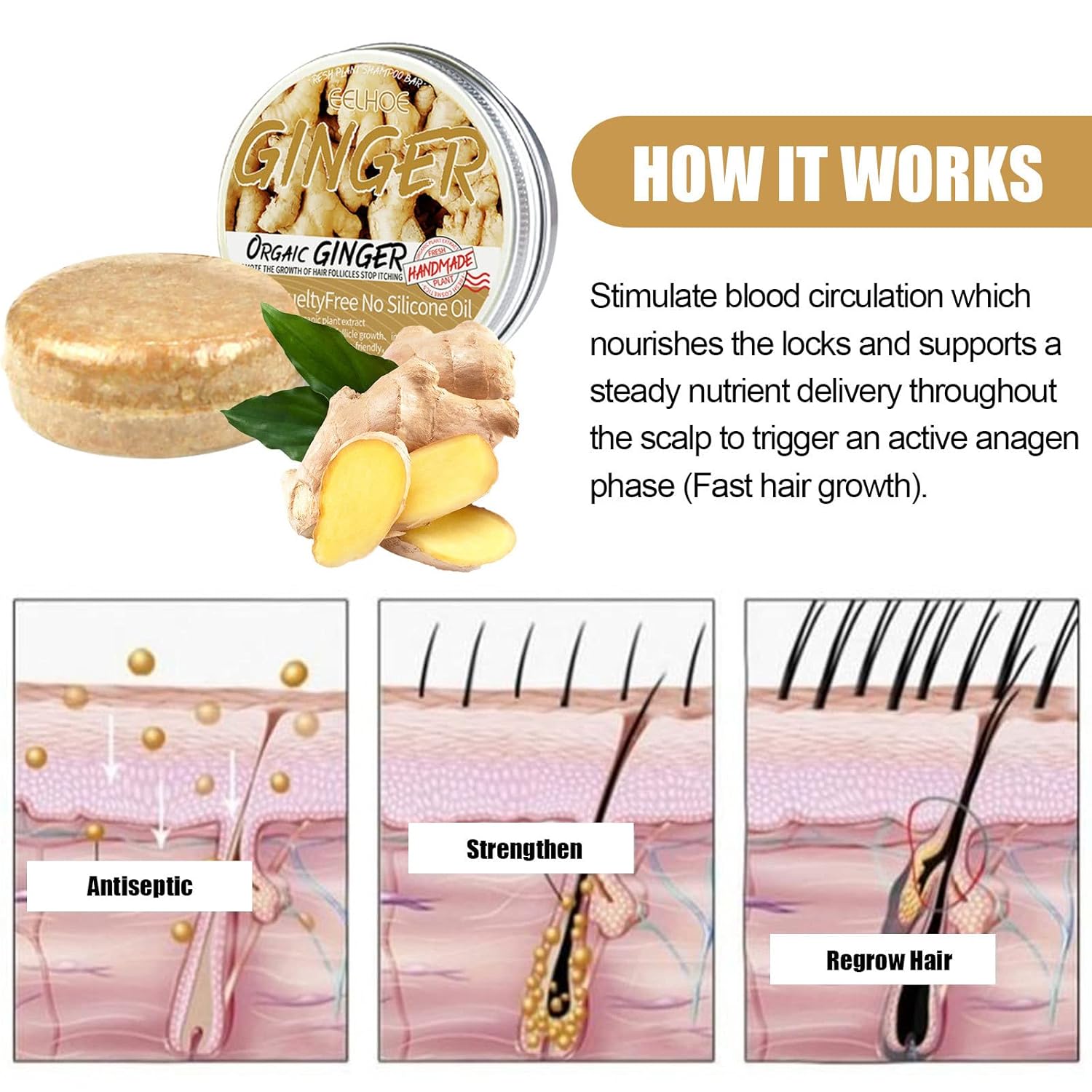 2 barras de champú de crecimiento de cabello de jengibre, jabón orgánico natural de jengibre para el cabello, promueve el crecimiento del cabello,