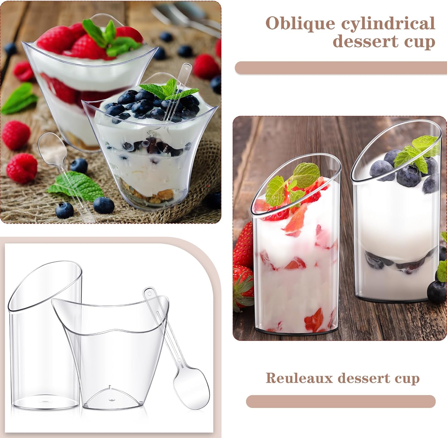 Funtery Paquete de 300 mini tazas de postre con cucharas de plástico transparente Parfait taza redonda inclinada para postres tiradores de postres
