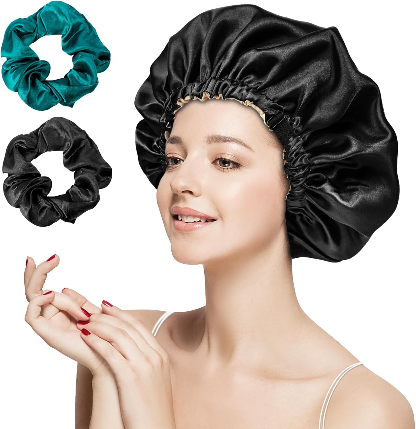 Kuraoyan Gorro de seda de doble capa para dormir para mujeres y hombres, gorra de satén ajustable grande para cabello rizado y natural