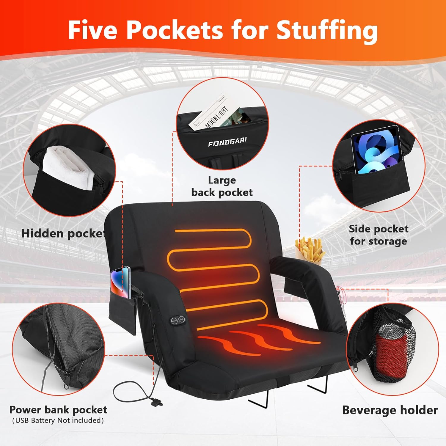 FONDGARI Double Heated Stadium Seats for Bleachers with Back & Arm Support – Built-in 3 Level Heater – 5 Pockets for Phone, Drinks, and Food