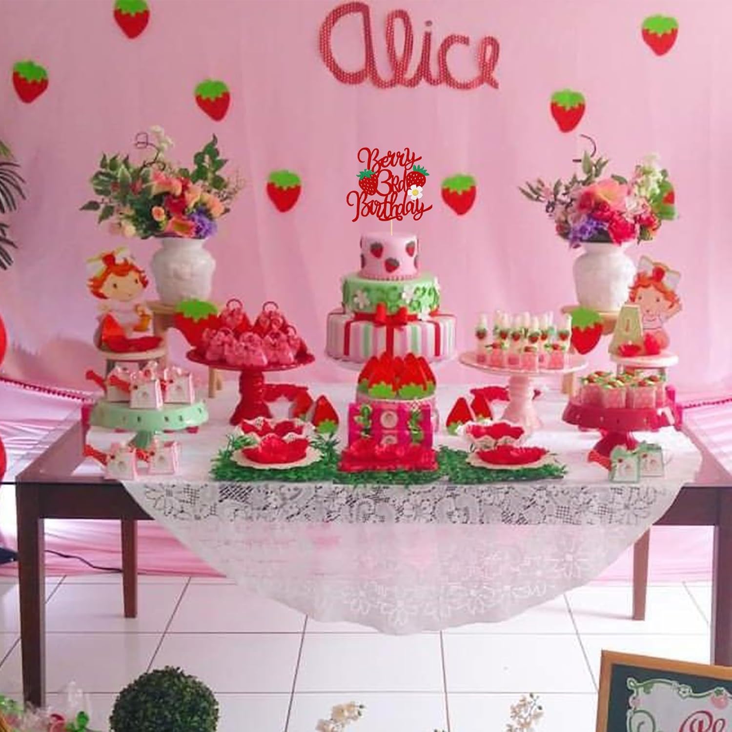 1 pieza de fresa y bayas para pastel de tercer cumpleaños con purpurina y tema de fruta dulce, selección de pastel de fresa para temática de fresa,