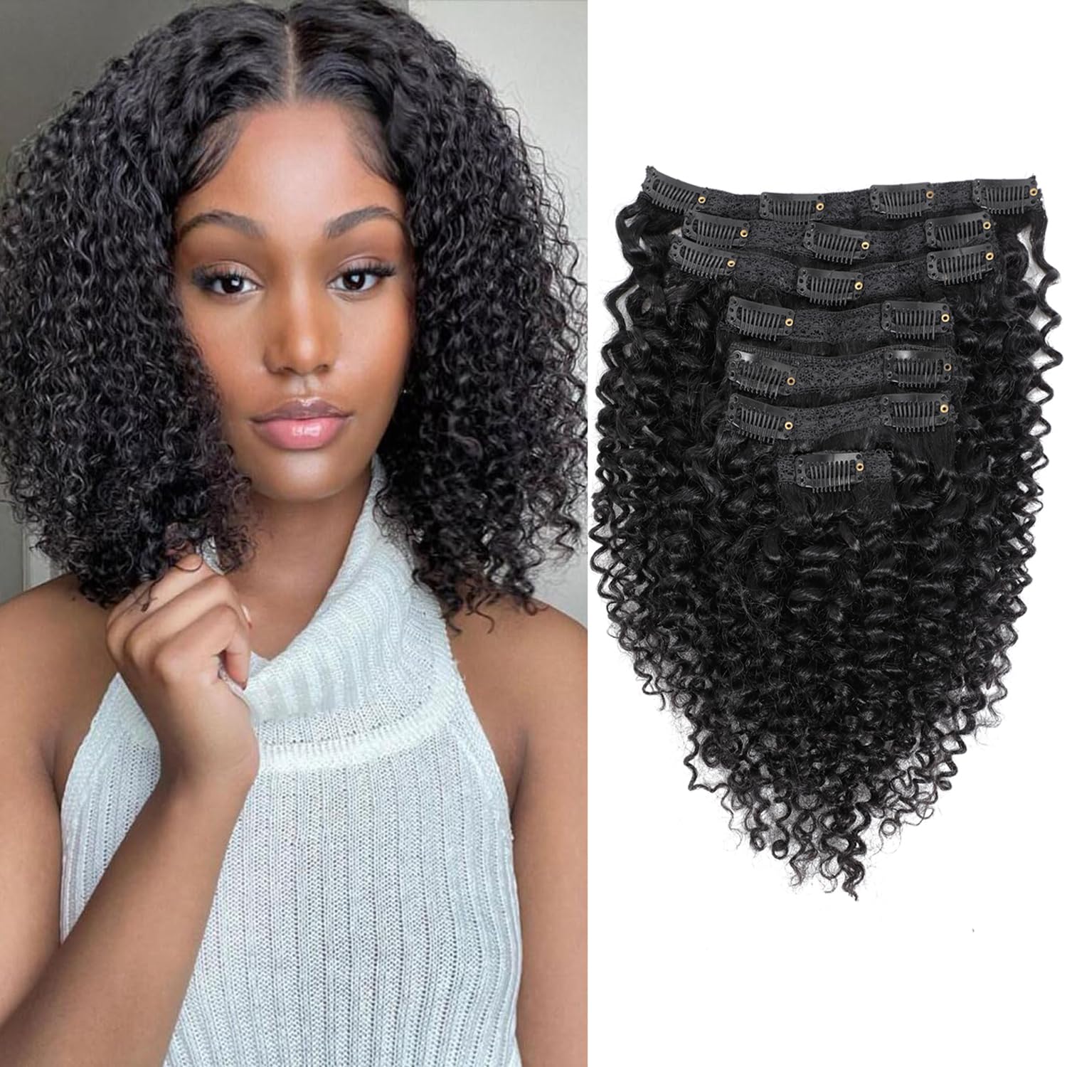 Extensiones de cabello humano rizado con clip, cabello humano real para mujeres negras, 3C 4A, cabello humano rizado con clip, cabello Remy