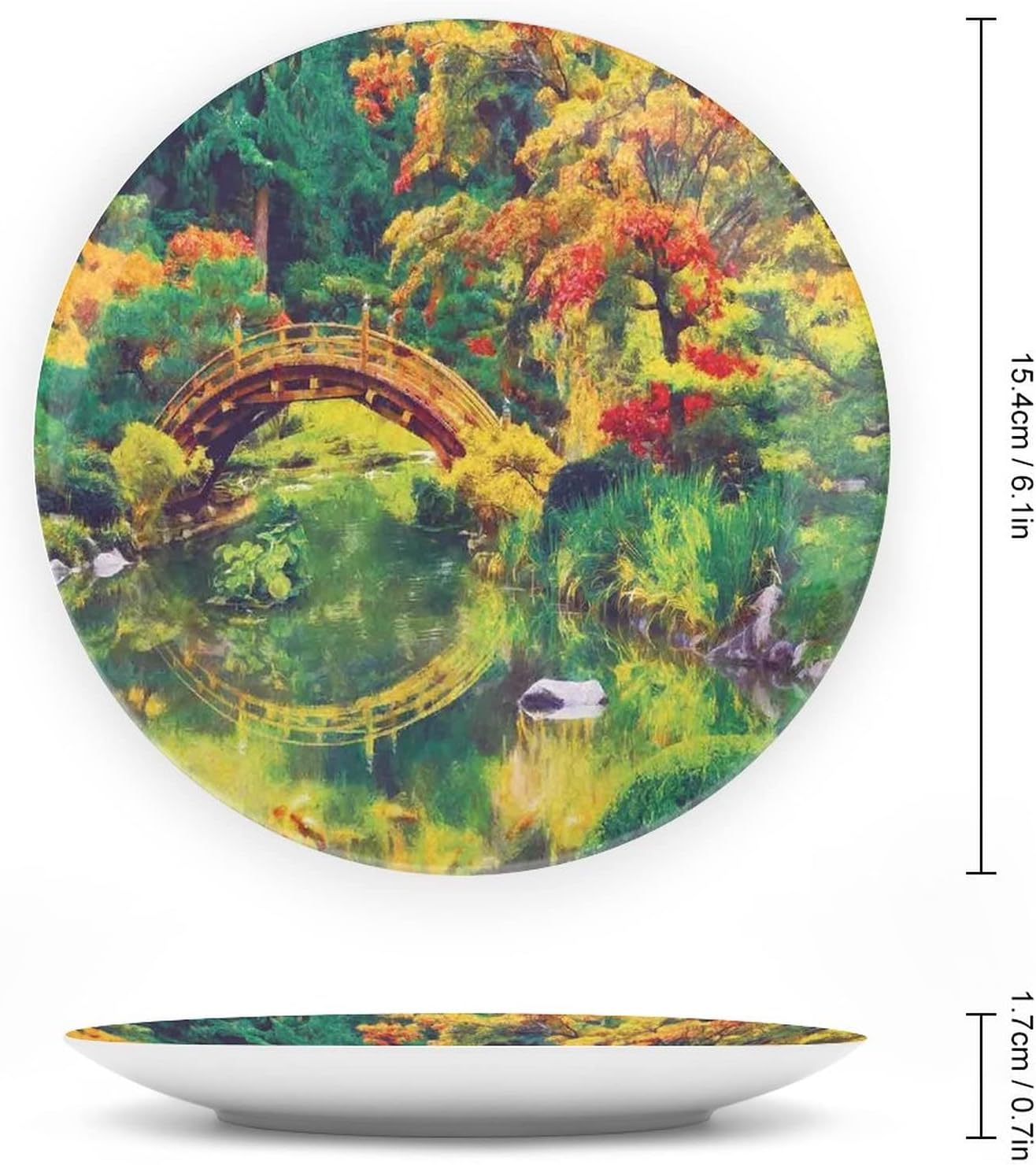 Plato decorativo de 8 pulgadas, plato de vajilla de decoración campestre, imagen de hadas del jardín japonés con estampado de puente antiguo