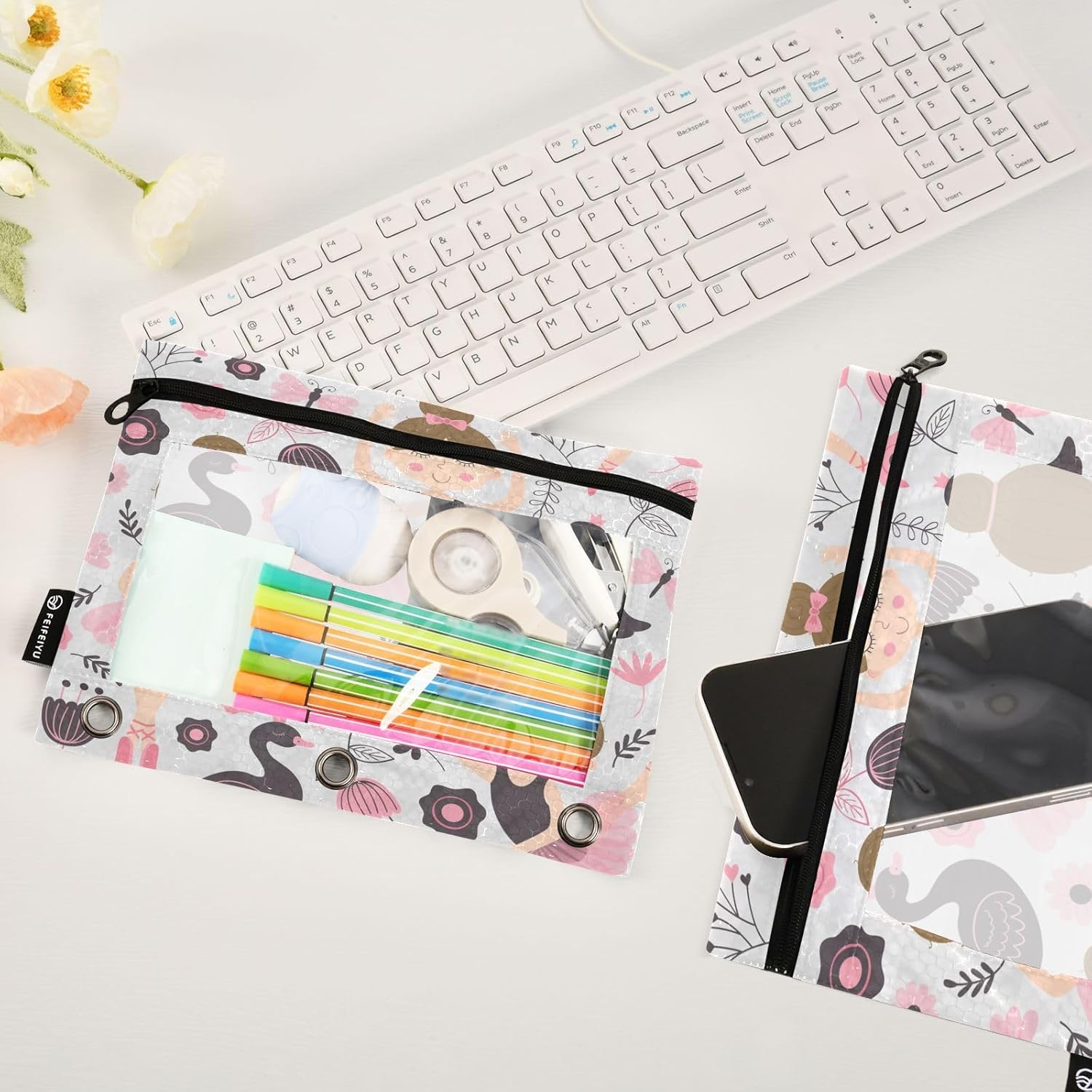 Linda bolsa de lápices de bailarina para carpeta de 3 anillos, 2 bolsas para lápices con cremallera, estuche transparente con cremallera para