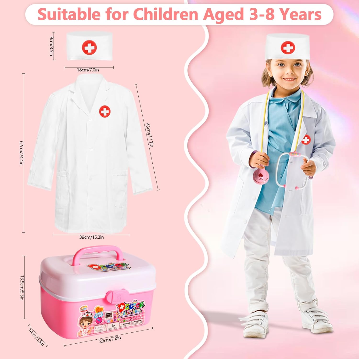 Kit de médico para niños, 40 piezas de juguetes de simulación, juego de médico rosa para niños con disfraz de médico, regalo de juego de doctor para