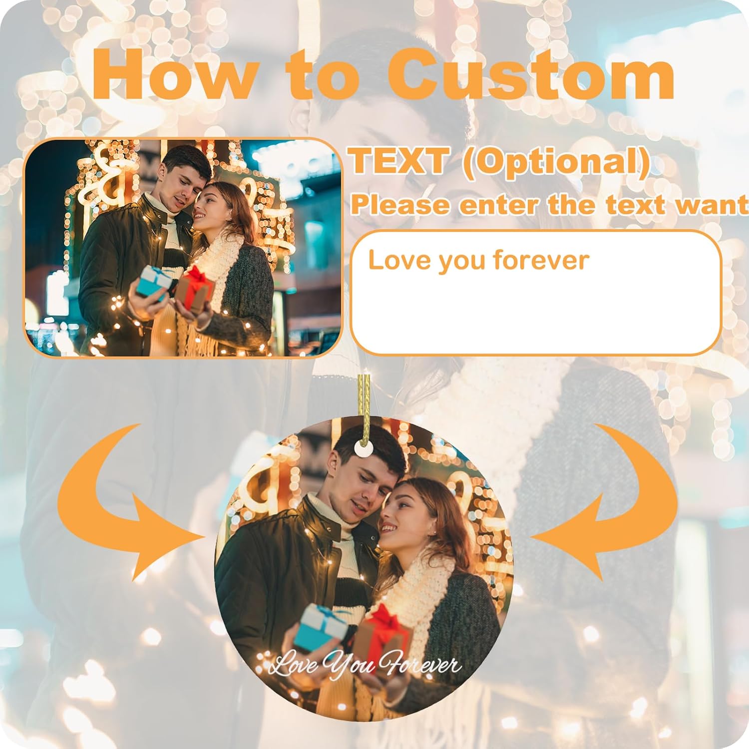 Adorno de Navidad con foto personalizada, añade texto de imagen, diseño de impresión de doble cara, colgante de cerámica personalizado, regalo de