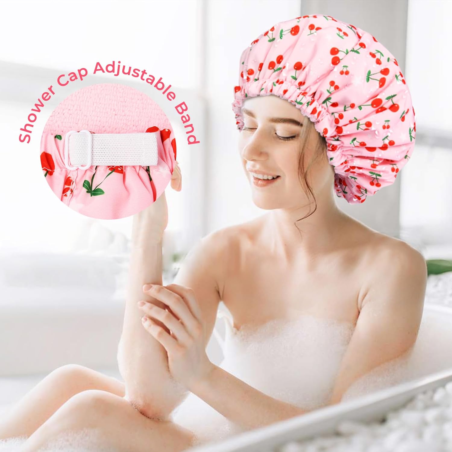 Gorro de ducha para mujer, con forro de rizo, grande, reutilizable, impermeable, banda elástica, color rosa, para cabello largo y grueso, suave