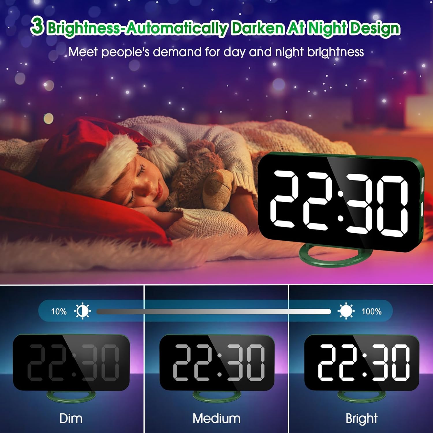 WulaWindy Reloj despertador digital, pantalla LED de espejo grande, con cargador USB, función de repetición, modo tenue, para colgar en la pared