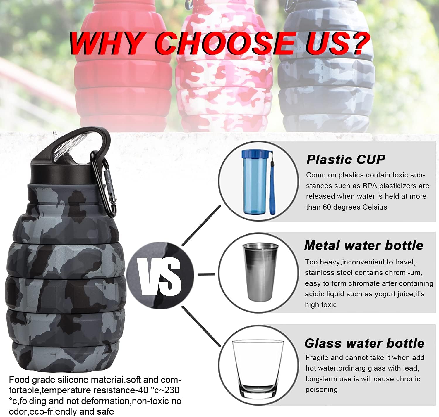 Botella de agua plegable de viaje de 18 onzas, botellas de agua plegables de silicona reutilizables para gimnasio, campamento, senderismo, botella