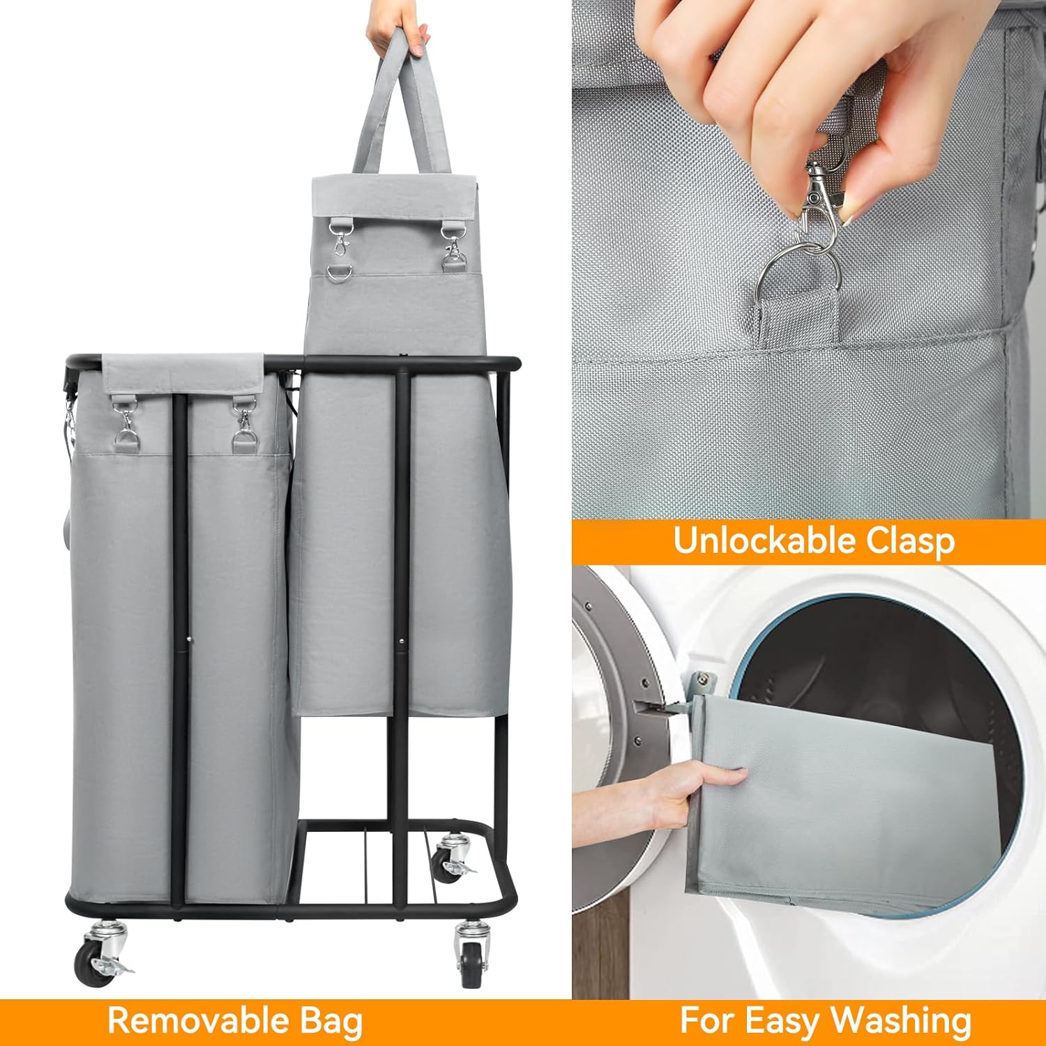 WOWLIVE Cesta de lavandería doble con ruedas de 170 L, cesta organizadora de lavandería con marco de acero y bolsas extraíbles, cesta grande para