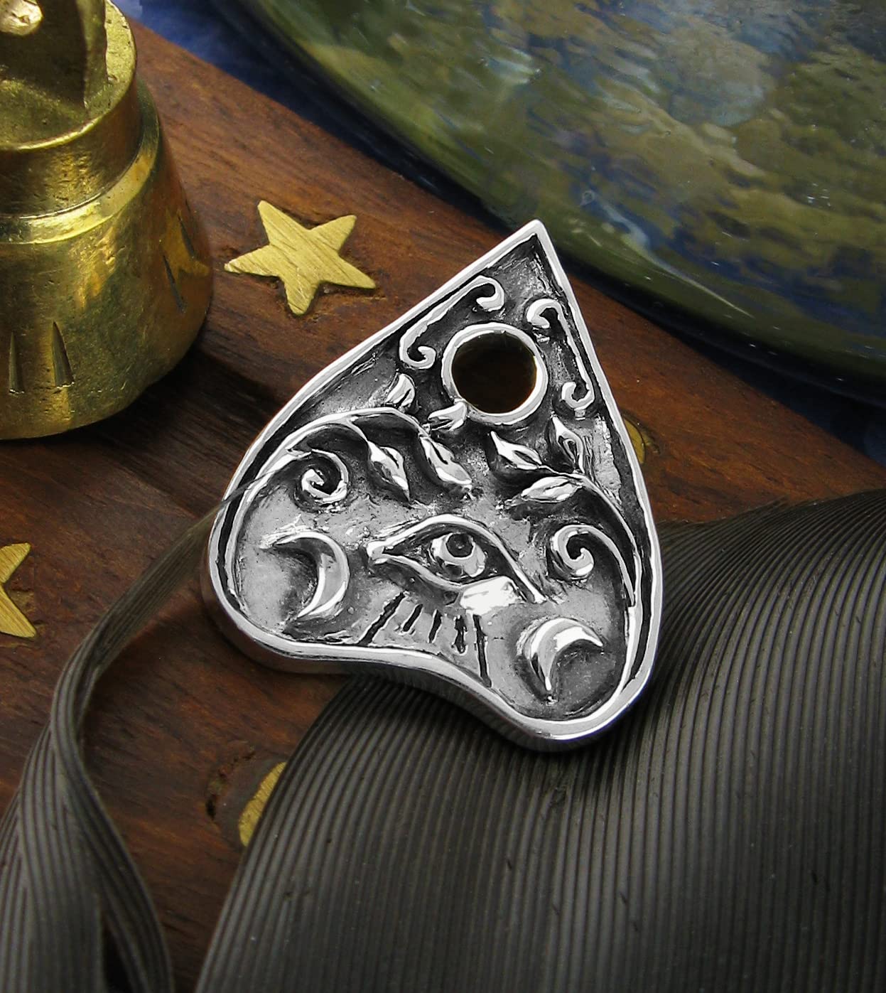 Ouija Planchette Pendant Crescent Moons Floral Vines Evil Eye Spirit Trance Talking Board 100% Handmade Fine Silver