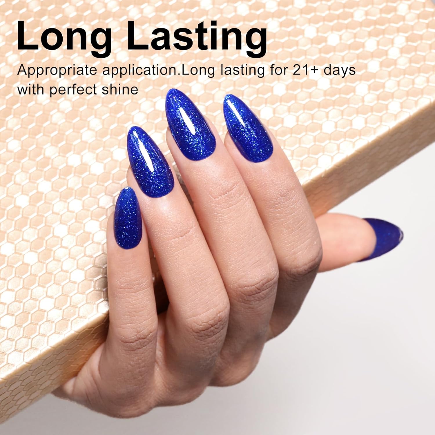 Imtiti Esmalte de uñas en gel con purpurina, 1 unidad de 0.5 onzas líquidas de esmalte de uñas de gel azul medio brillante, esmalte de uñas de color