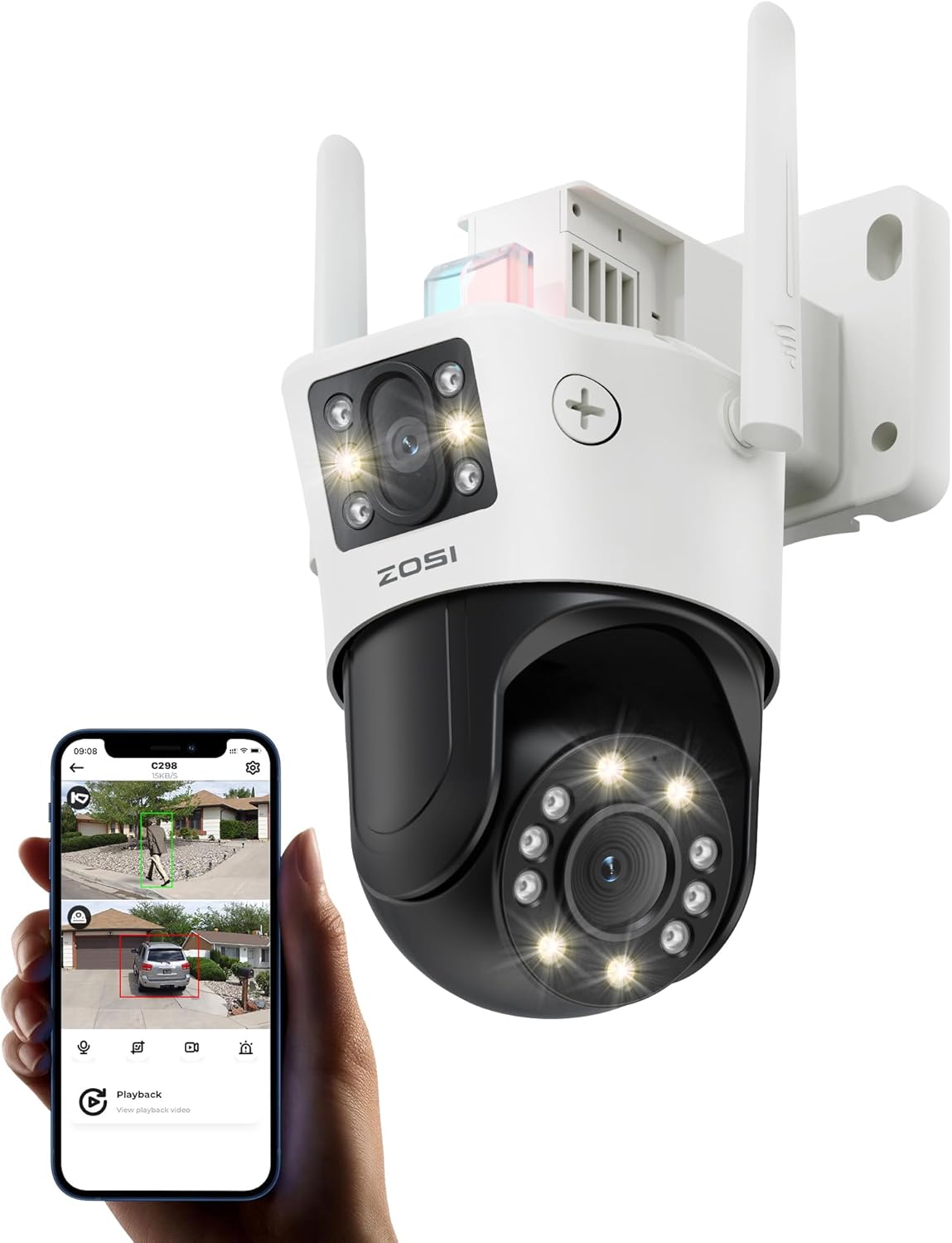 ZOSI C298 Pro 4K 8MP Dual-Lens (2x4MP) Cámara de seguridad WiFi PT con cable al aire libre, cámara enchufable panorámica de visión 360inclinación,