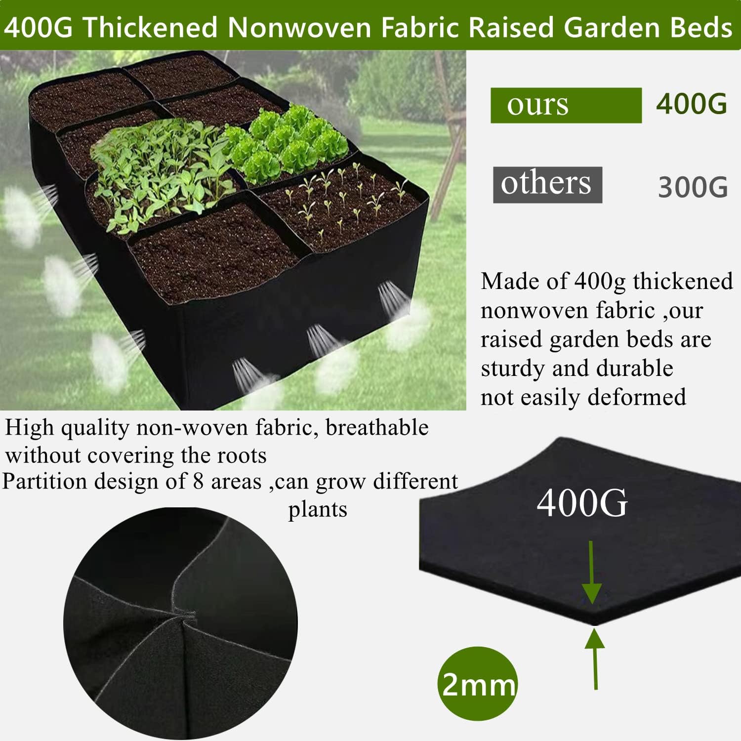 Niurui Cama de jardín elevada de tela de 128 galones, 8 agujeros, rectangular, 14.11 oz, gruesas, no tejidas, bolsas de cultivo para jardinería,