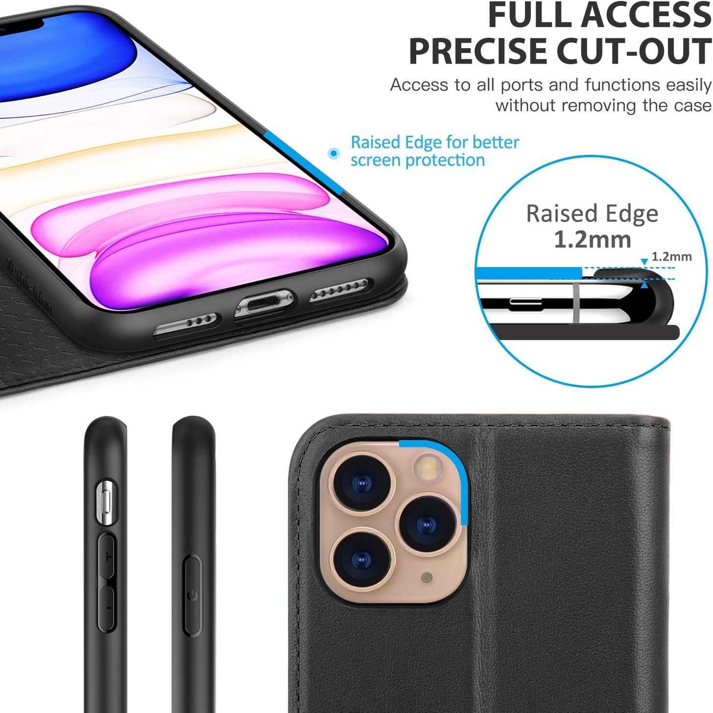 SHIELDON Funda para iPhone 11 Pro, de piel auténtica, con función de encendido y apagado automático, bloqueo RFID, ranuras para tarjetas, función