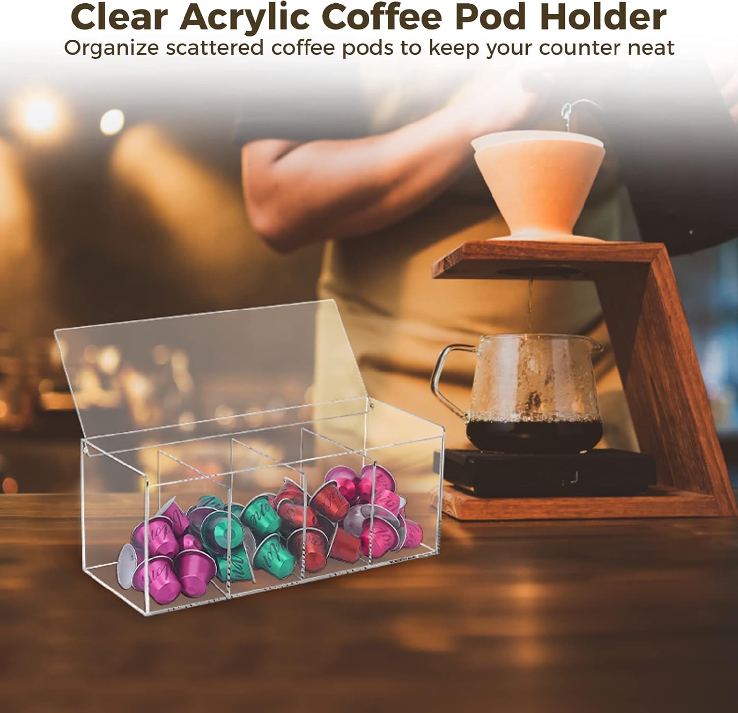 Varku Soporte acrílico para cápsulas de café, organizador de cápsulas de café de 4 compartimentos con tapa, estuche de almacenamiento transparente
