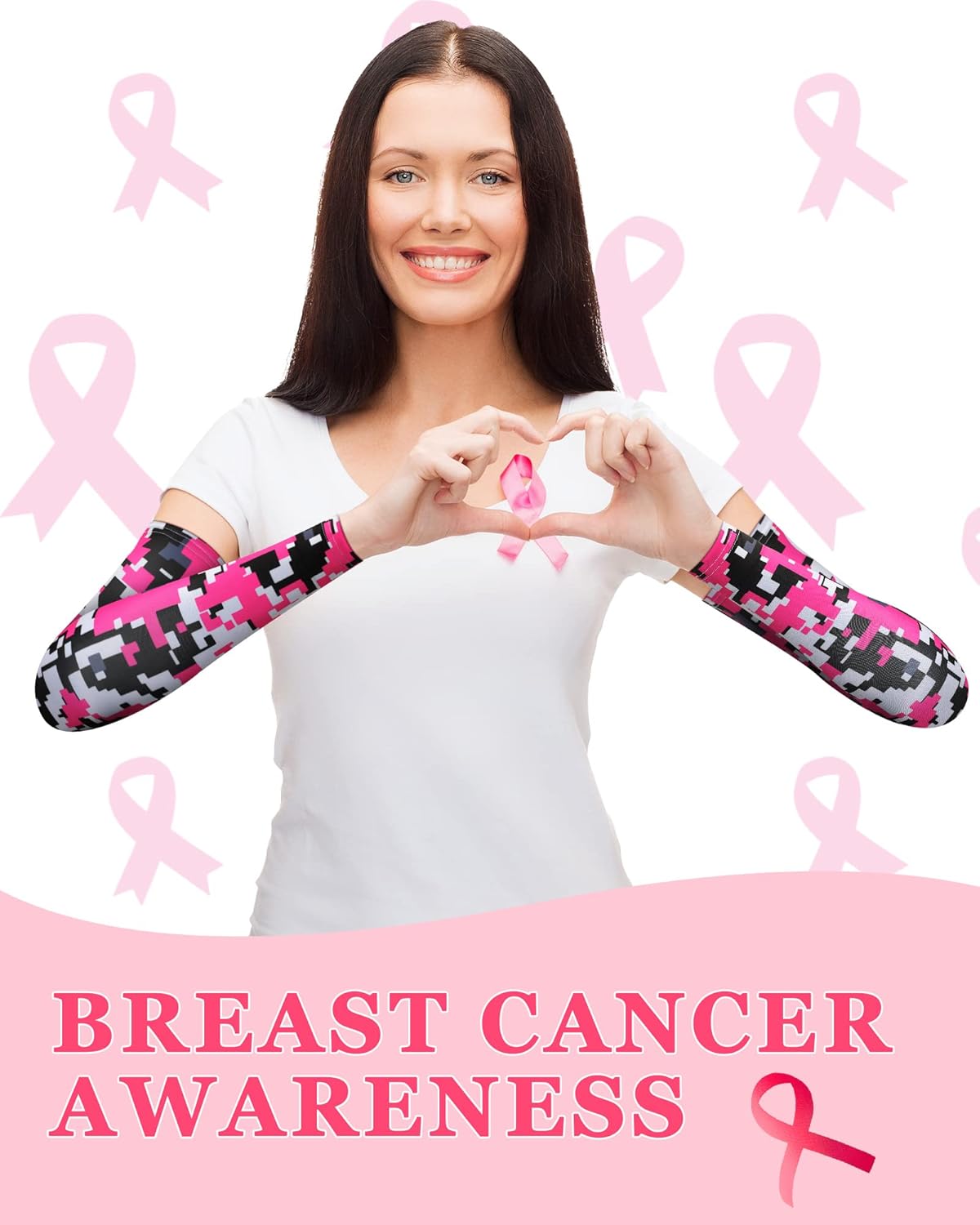 8 pares de mangas de concientización sobre el cáncer de mama, manga de compresión de béisbol rosa, manga de compresión para mujeres y niñas