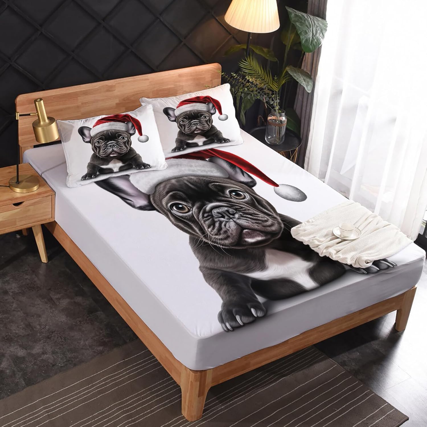 Sábanas de bulldog francés negro tamaño matrimonial, sábanas de cama con temática navideña, microfibra suave y bolsillo profundo, sábanas y fundas