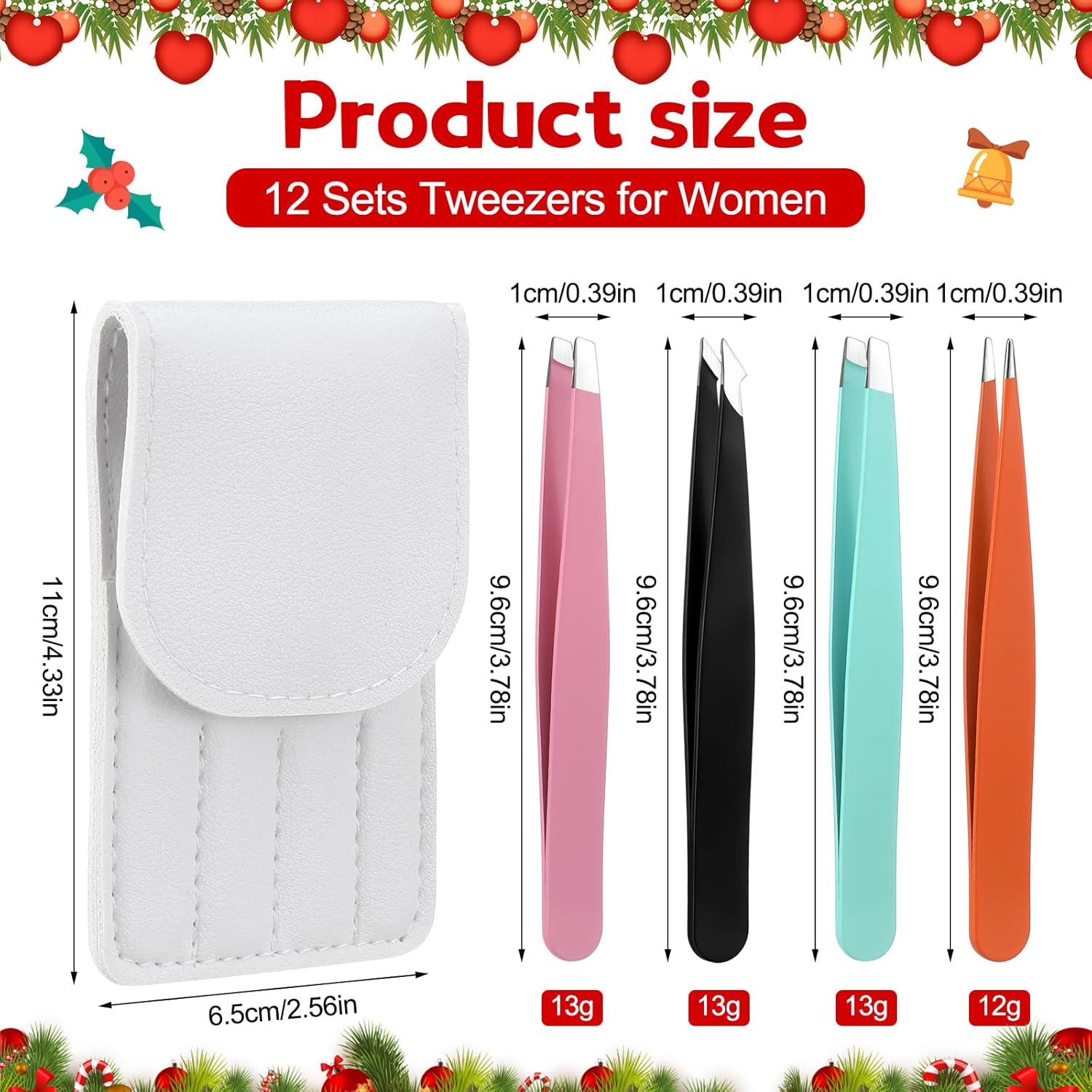 Juego de 12 pinzas con estuche de viaje de cuero, regalos de Navidad a granel regalos de fiesta para mujeres, kit de pinzas de cejas de acero