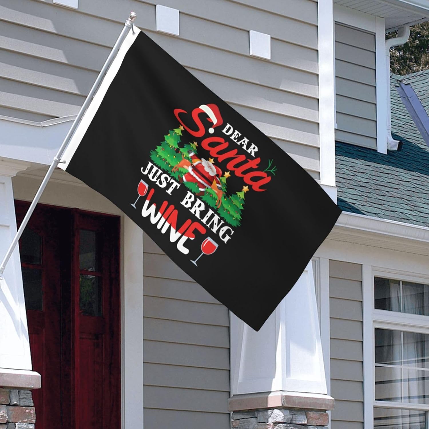 Bandera de vino de Dear Santa Just Bring de 3 x 5 pies, banderas de doble cara para exteriores, banderas decorativas duraderas para patio e