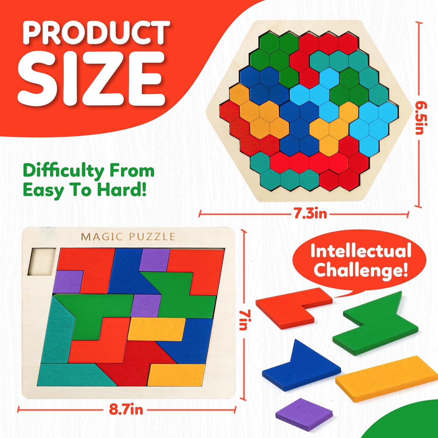 Paquete de 3 rompecabezas de bloques de madera + rompecabezas Tangram + rompecabezas hexagonales, desafío para niños y adultos de todas las edades,
