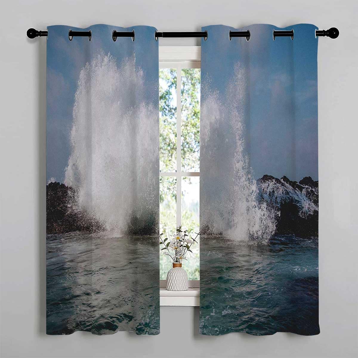 Room Darkening Curtains for Bedroom Sea Wave Landscape Door Beads Curtains Cortinas para Ventanas De Cuarto 55Inch Width by 55Inch Length,2 Panels