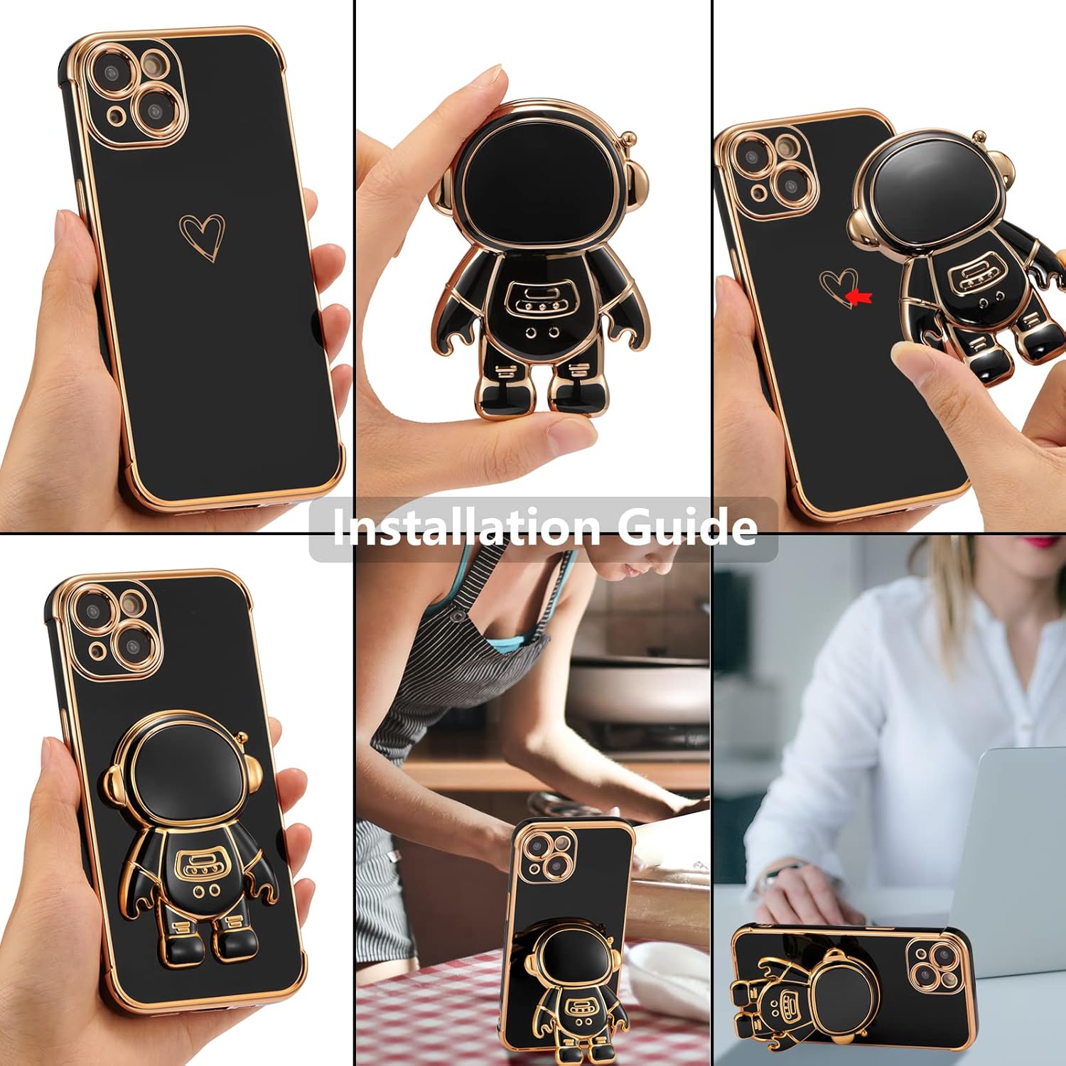 RALEAVO Funda para iPhone 15, bonita funda para teléfono de astronauta 6D con soporte, cubierta de lujo chapada en lujo, ajuste delgado, a prueba de