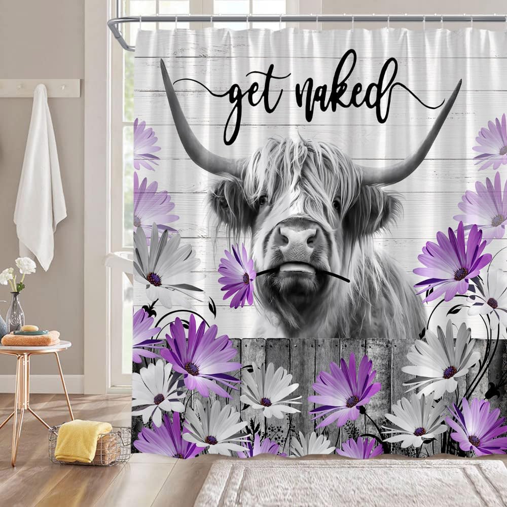 Highland – Cortina de ducha de vaca rústica, animal de granja, ganado, morado, floral, margarita, flores, tablero de madera, cortina retro gris para