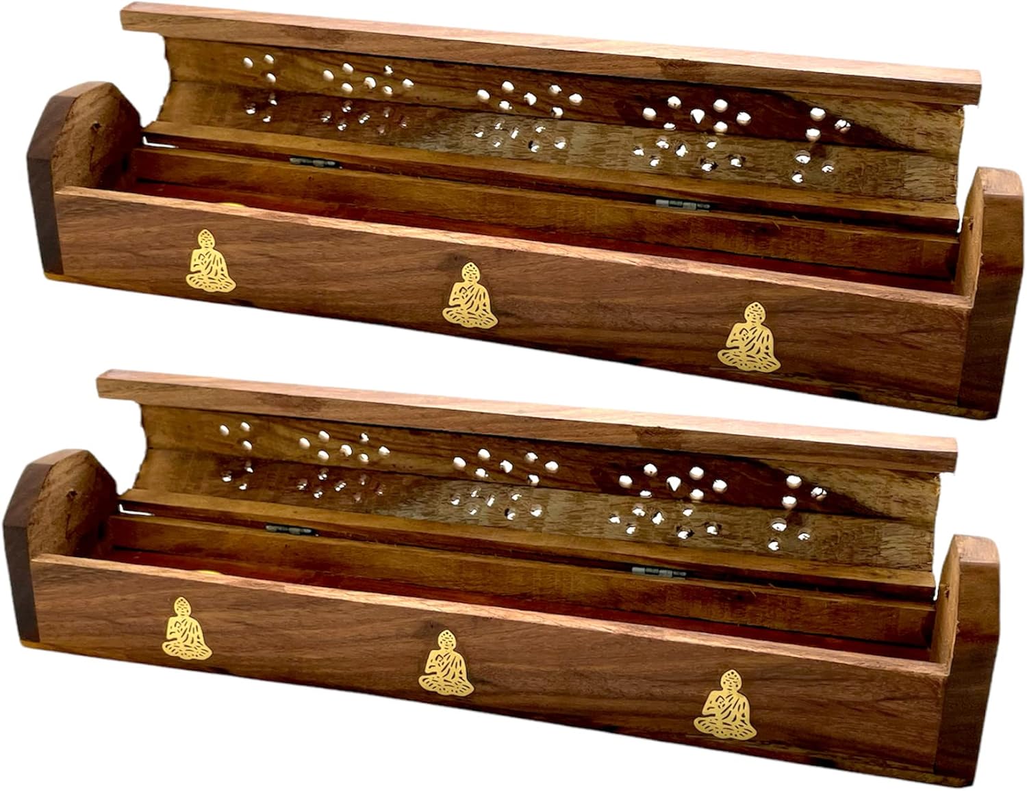 Paquete de 2 quemadores de incienso de madera tipo ataúd – Incrustaciones de latón de 12 pulgadas – Compartimento de almacenamiento (Buddha)