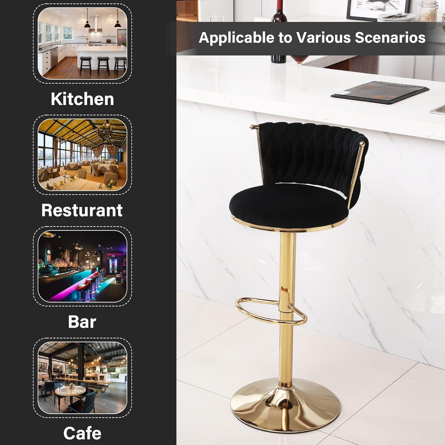 ODUWA Juego de 2 taburetes de bar de terciopelo giratorios de 360 con patas de metal dorado, silla moderna ajustable para comedor con respaldo y