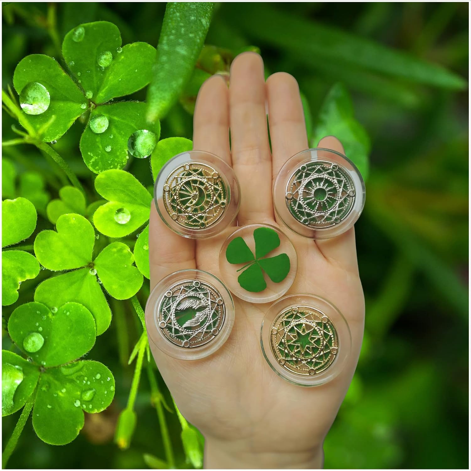 1 Pair Real Four Leaf Clover with Metals Magic Ornaments – Lucky Charms Lucky Coin, Moon Sun Star Good Luck Gift for Friends Family