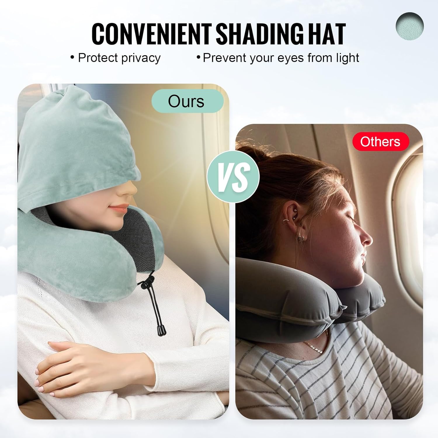 Almohada de viaje, almohada cervical para viajes con capucha para avión, almohada de terciopelo de espuma viscoelástica para el cuello para adultos