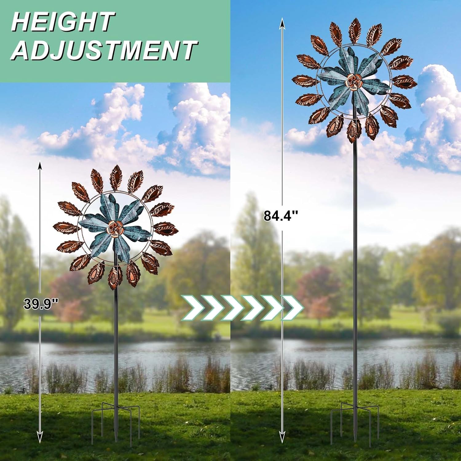 Molinillos de viento de metal para exteriores de 84 pulgadas, grandes molinillos de viento cinéticos con estaca estable, esculturas de viento dobles