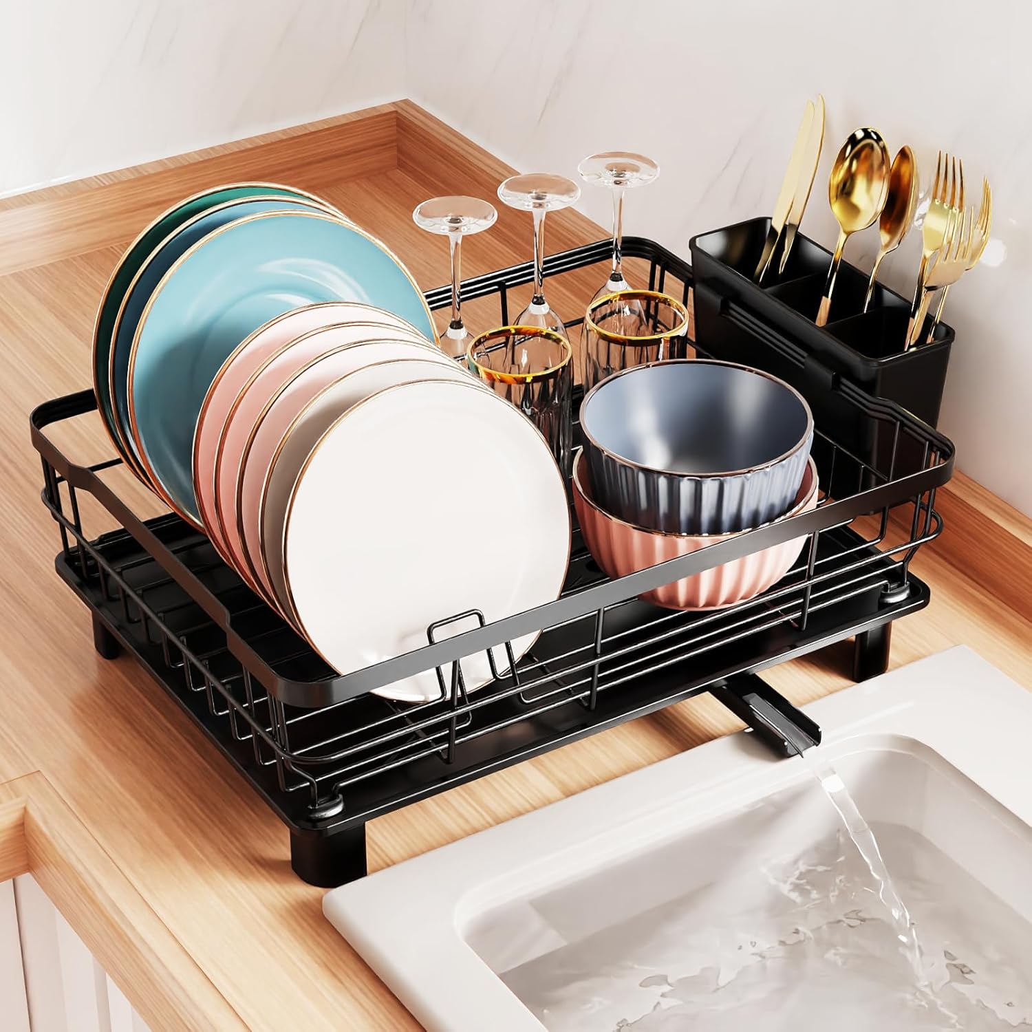 GSlife Escurridor de platos con escurridor, escurridor de platos para encimera de cocina con 12 ranuras para platos, resistente al óxido con patas