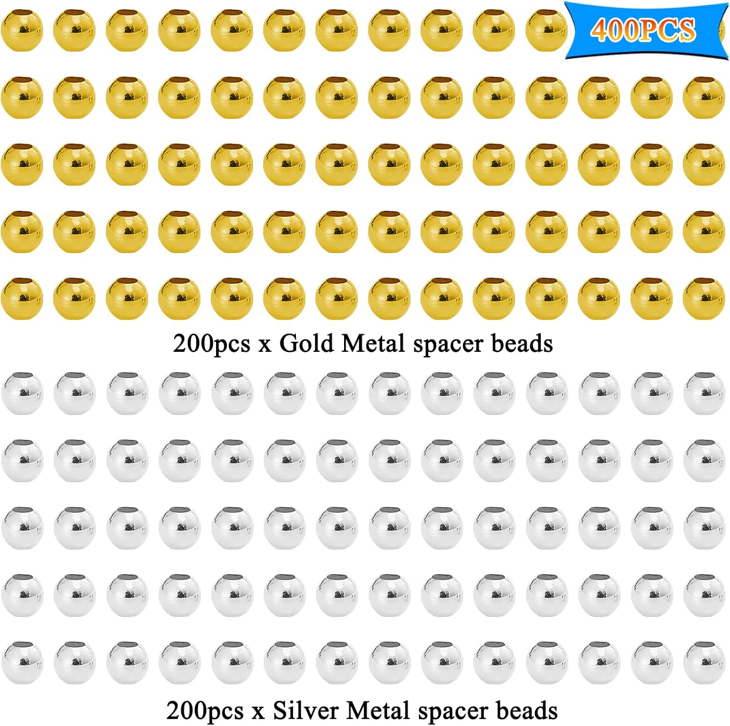 400 cuentas espaciadoras para fabricación de joyas, cuentas redondas chapadas en metal de 0.236 pulgadas, sin costuras, suaves, sueltas, cuentas de
