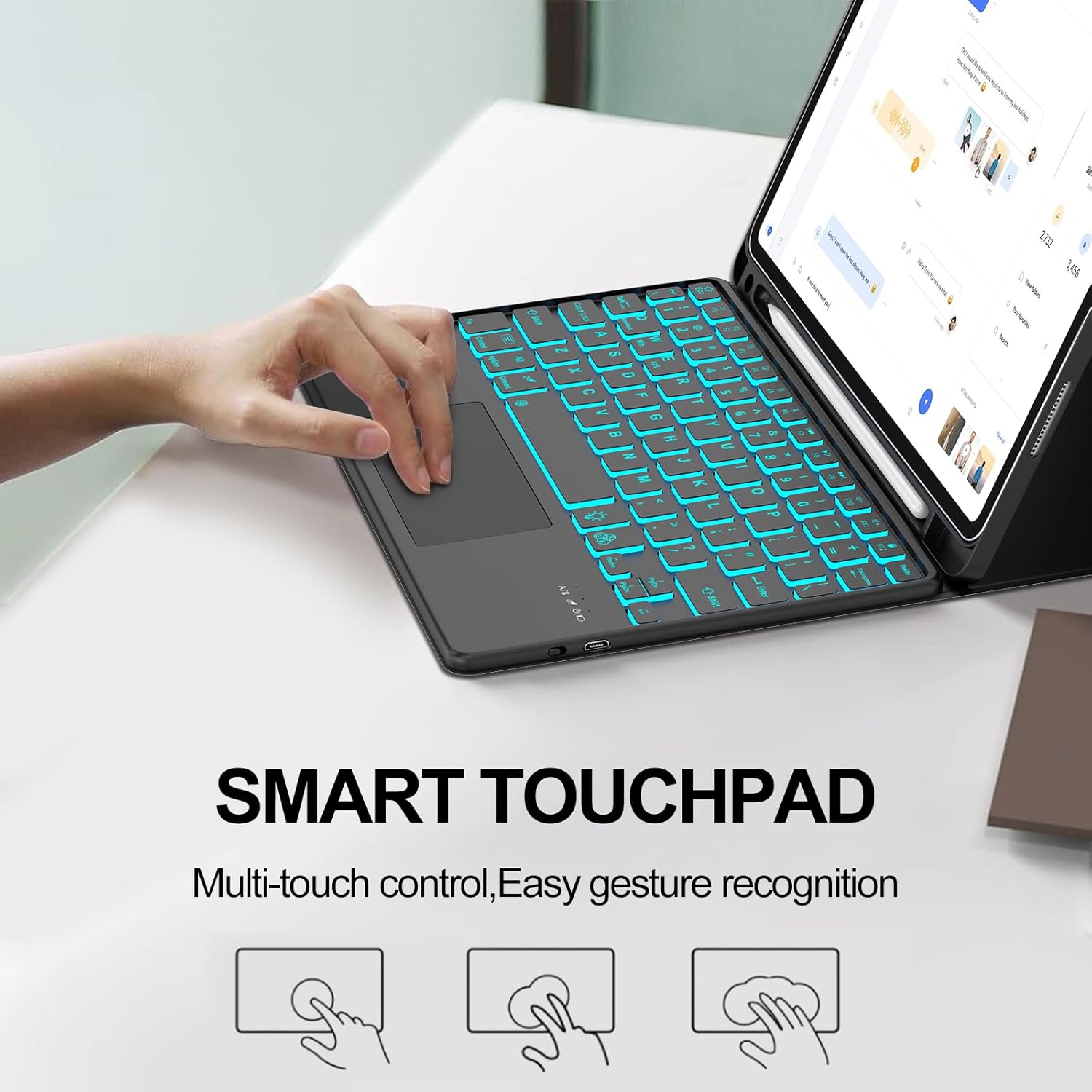 JADEMALL Funda para iPad Air de 11 pulgadas (M2) 2024 con teclado, panel táctil inteligente retroiluminado de 7 colores, funda de teclado Bluetooth